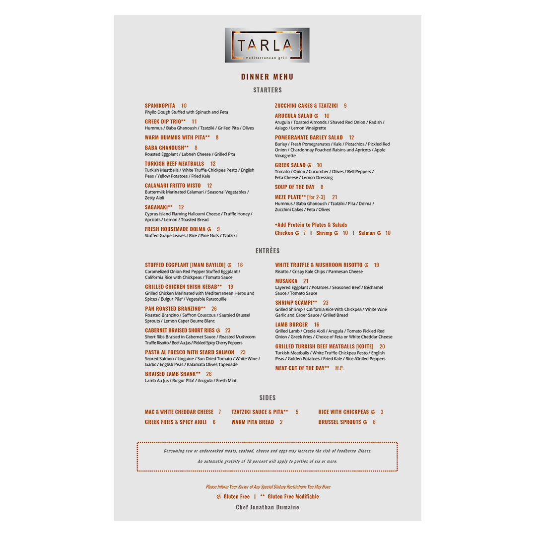 Tarla Dinner Menu