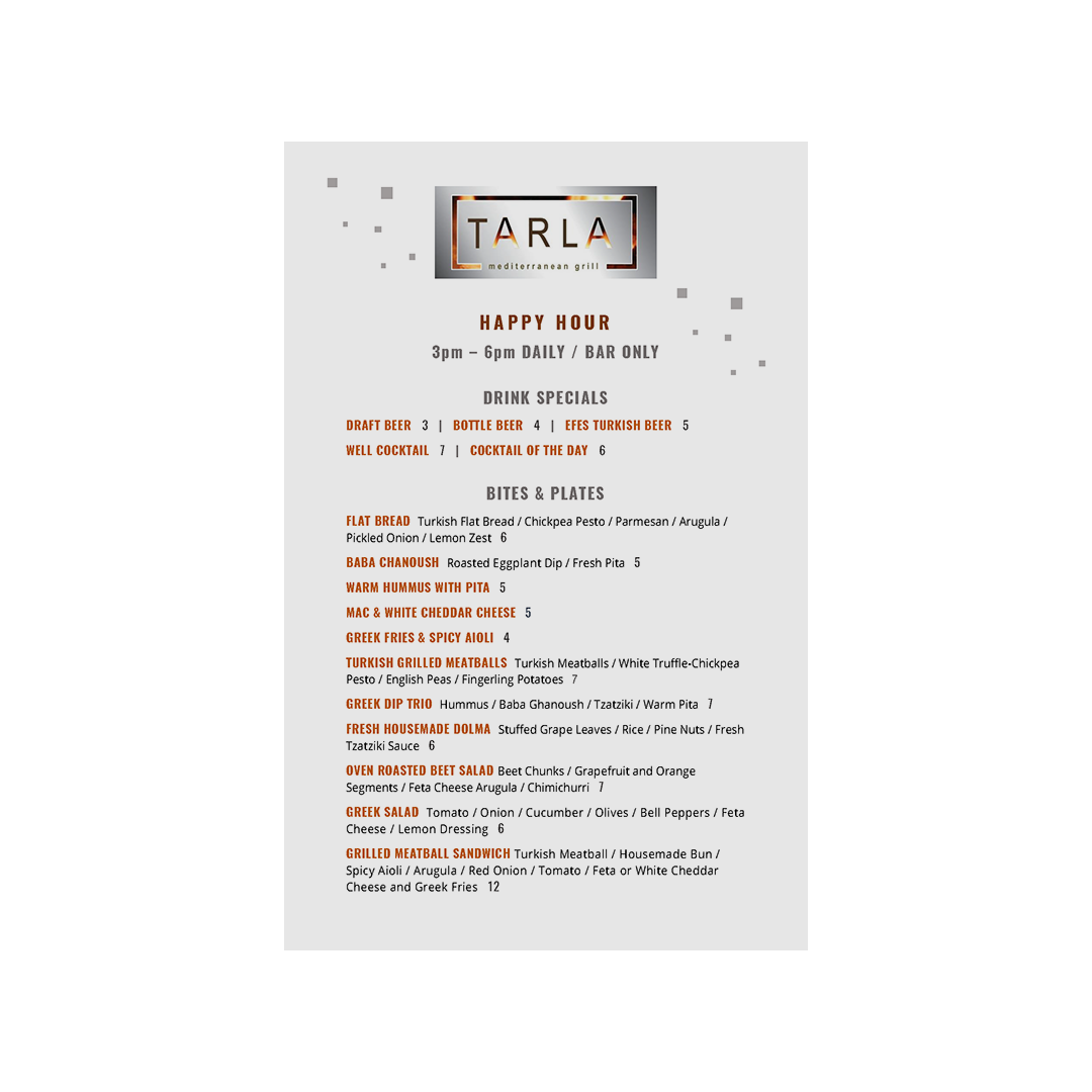 Tarla Happy Hour Menu